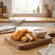 Goldbraune Chicken Nuggets auf einem Brett mit einer Schale rosafarbenem Dip