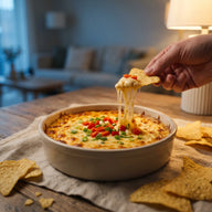 Eine runde Ofenform mit blubberndem, goldbraun überbackenem Käsedip, daneben Tortillachips und Gemüsesticks
