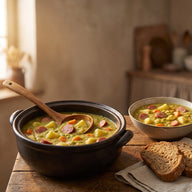 Ein Topf dicker grüner Erbseneintopf mit Kartoffelwürfeln und Scheiben von Mettenden