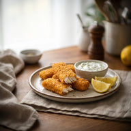 Goldbraune Fischstäbchen auf einem Teller mit einer Schale Kräuterquark und Zitronenspalten