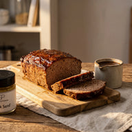 Angeschnittener Hackbraten mit dunkler Senfkruste auf einem Brett