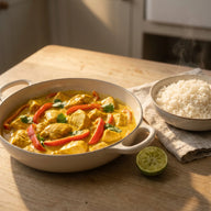 Hähnchen-Curry mit Paprika in einer goldgelben Sauce, daneben Basmatireis