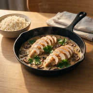 Aufgeschnittenes Hähnchenfilet in heller Rahmsauce mit Champignons, daneben Reis
