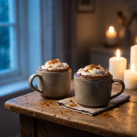 Zwei Tassen dicke heiße Schokolade mit Sahne und zerbröselten Spekulatius obendrauf