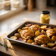 Hähnchenschenkel mit glänzender Honig-Senf-Kruste und Ofenkartoffeln auf einem Backblech