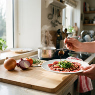 Hauchdünne Scheiben rohes Rindfleisch auf einem Teller mit Rucola, Pinienkernen und glänzenden Balsamicotropfen mit Goldflocken