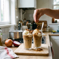 Zwei hohe Gläser mit Eiskaffee, Vanilleeiskugeln, Sahnehaube und Spekulatiusbröseln, Strohhalme und Löffel