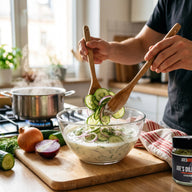 Eine Schale mit hauchdünnen Gurkenscheiben in heller Joghurtsauce mit Dill und roten Zwiebelringen, daneben ein Glas Joes Dill Buddy