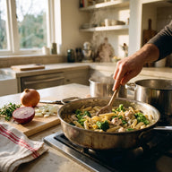 Eine Pfanne mit Penne, gebratenen Hähnchenstücken, grünem Brokkoli und cremiger Sauce