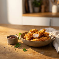 Knusprige Hähnchenstreifen in einer Schale mit Barbecue-Dip