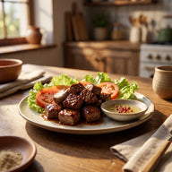 Gebratene Rindfleischwürfel in dunkler Sauce auf Salat und Tomaten, daneben ein Schälchen Limettendip mit rotem Pfeffer
