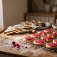 Ausgestochene Plätzchen mit leuchtend rosa Himbeerguss auf einem Kuchengitter