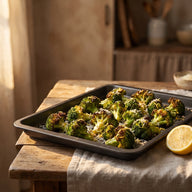 Ein Backblech mit gerösteten, an den Spitzen gebräunten Brokkoliröschen, bestreut mit Parmesan und Zitronenschale