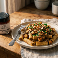 Rigatoni mit gebratenen Auberginenwürfeln, cremiger Sauce und gehackten Haselnüssen