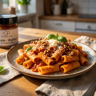 Ein Teller Rigatoni in cremiger roter Tomaten-Walnuss-Sauce mit gehackten Walnüssen