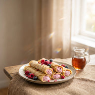 Gerollte Pfannkuchen mit rosa Beerenquark und Himbeerstücken auf einem Teller
