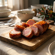 Aufgeschnittenes rosa Schweinefilet im knusprigen Speckmantel mit glänzender oranger Glasur