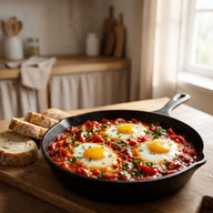 Eine Pfanne mit dicker Tomaten-Paprika-Sauce und vier pochierten Eiern, daneben Brot