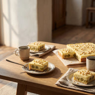 Quadratische Stücke Blechkuchen mit hellem Schmandguss und grünen Stachelbeeren, bestreut mit hellen knusprigen Fruchtstücken