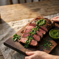 Aufgeschnittenes rosa Rumpsteak auf einem Brett mit grüner Kräutersauce darüber