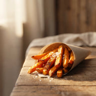Orange Süßkartoffel-Pommes in einer Papiertüte mit einer kleinen Schale Dip