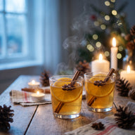 Zwei Gläser goldener weißer Glühwein mit Orangenscheibe, Zimtstange und Sternanis