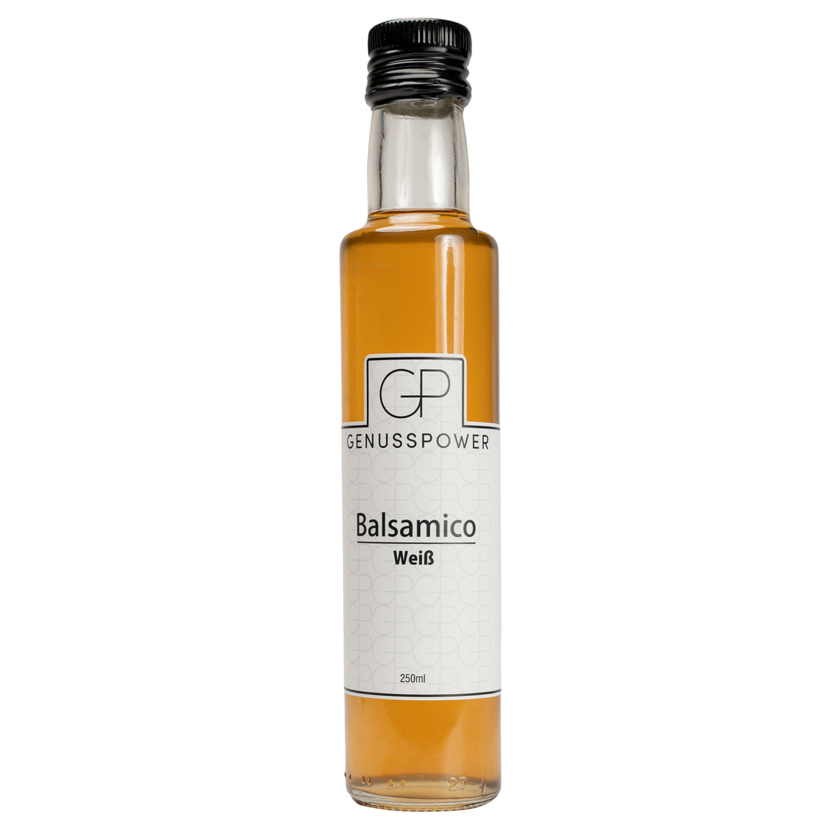 Schlanke Glasflasche Balsamico Weiß von GenussPower mit 250 ml, goldgelber Inhalt, cremefarbenes Etikett und schwarzer Verschluss