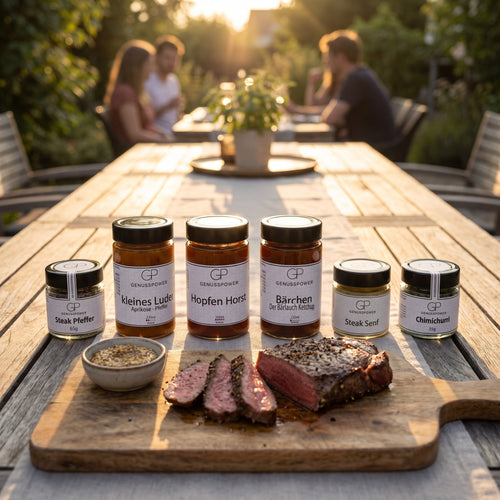 Grillabend: Gartentisch zur goldenen Stunde, aufgeschnittenes Steak, dahinter drei Grillsaucen und drei Gewürze