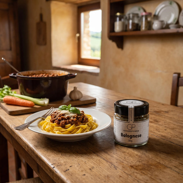 Tagliatelle mit Ragù Bolognese in einer Landhausküche bei Bologna, daneben Bolognese von Genusspower