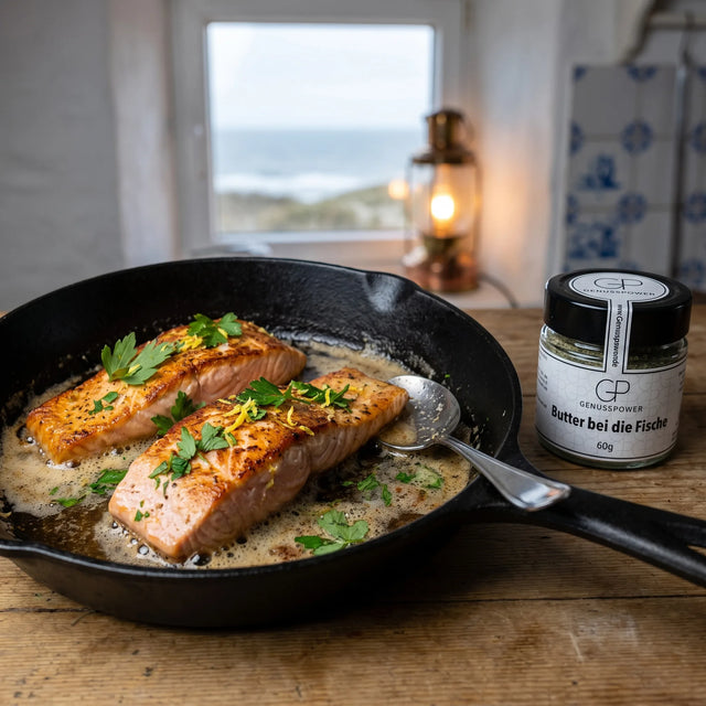 Lachsfilets in Butter in einer Gusspfanne in einer Fischerkate an der Nordsee, daneben Butter bei die Fische von Genusspower