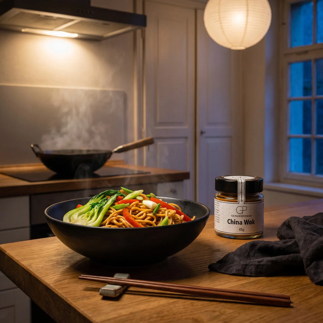 Gebratene Nudeln mit Pak Choi in einer schwarzen Schale in einer Küche am Abend, daneben China Wok von Genusspower