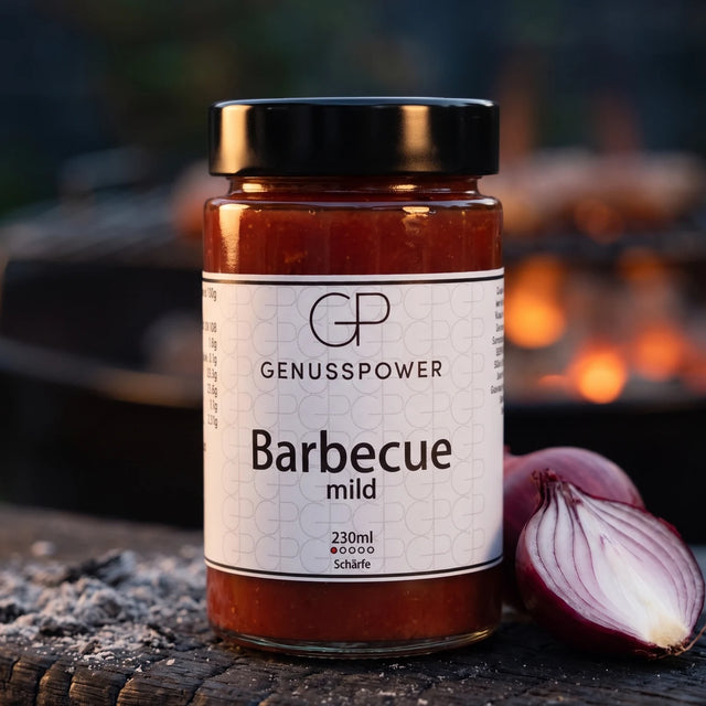 Barbecue mild Grillsauce im Glas auf verkohlter Eiche, daneben eine halbe rote Zwiebel