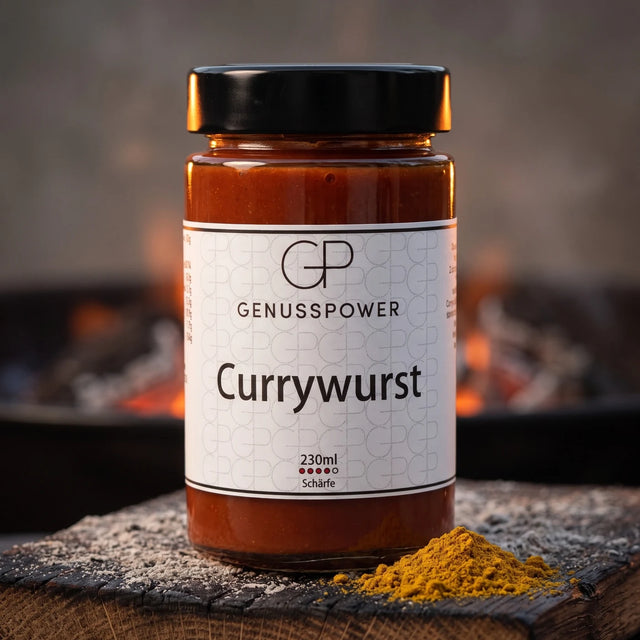 Currywurst Sauce im Glas auf verkohlter Eiche, daneben ein Häufchen Currypulver
