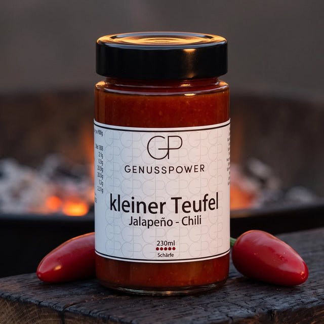 kleiner Teufel Grillsauce im Glas auf verkohlter Eiche, daneben rote Jalapeños