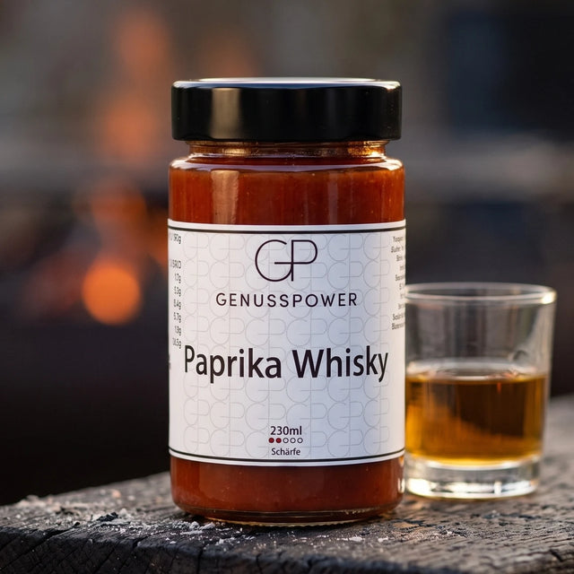 Paprika Whisky Grillsauce im Glas auf verkohlter Eiche, daneben ein kleines Glas Whisky