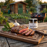 Gegrilltes Rib Eye Steak auf einem Nussbaumbrett im Garten am Grill, daneben Männerspielzeug von Genusspower