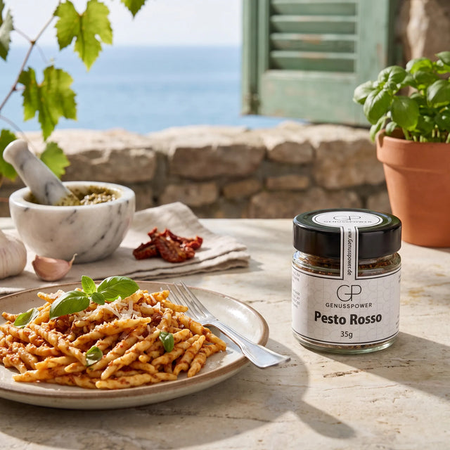 Trofie mit rotem Pesto und ein Marmormörser auf einer Steinterrasse in Ligurien, daneben Pesto Rosso von Genusspower