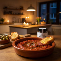 Tomatensalsa mit Röstbrot und Oliven beim Tapas-Abend bei Kerzenlicht, daneben Tapas Salsa Dip von Genusspower
