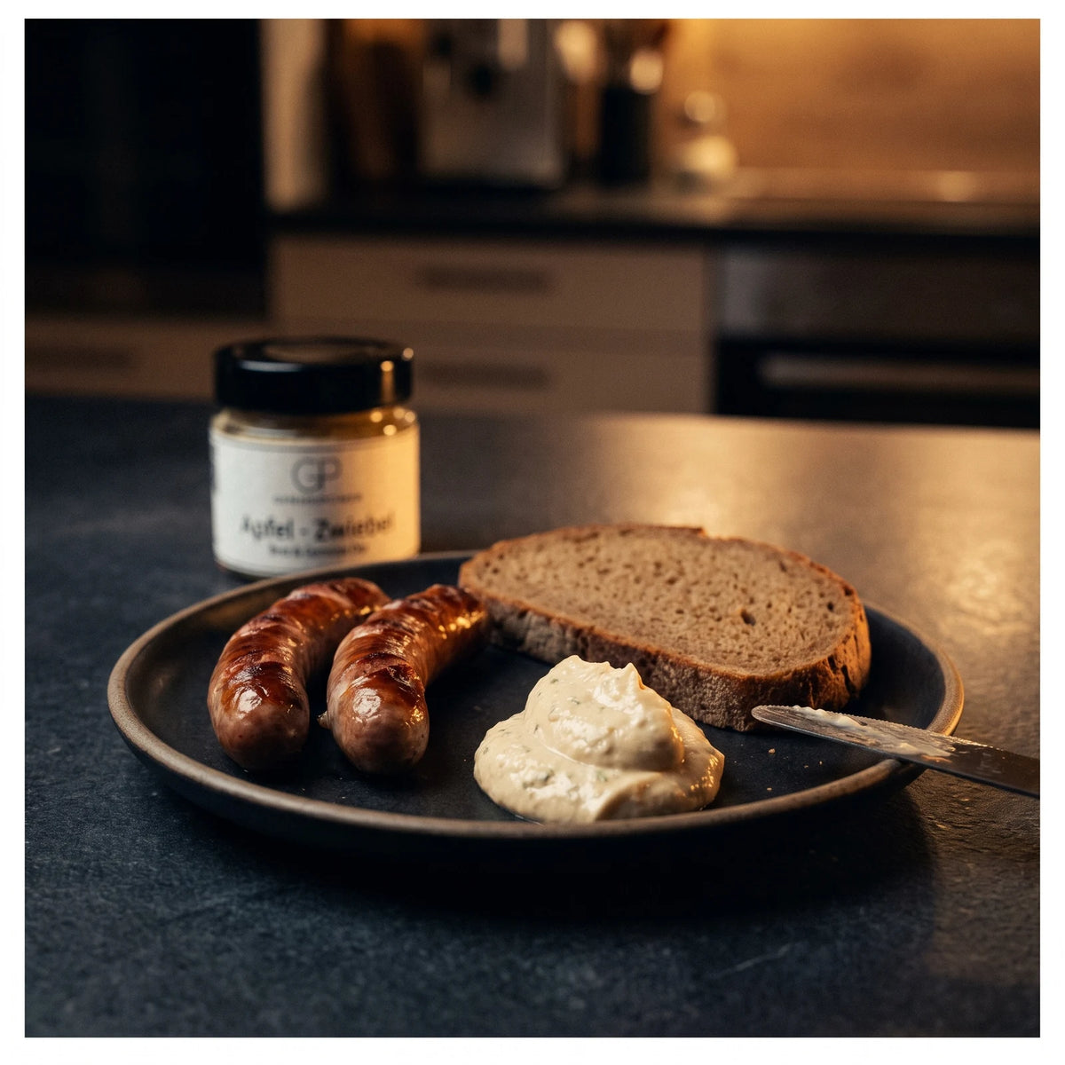 Dunkler Teller mit gegrillter Bratwurst, dunklem Brot und einem Löffel Apfel-Zwiebel-Aufstrich, das Glas unscharf im Hintergrund