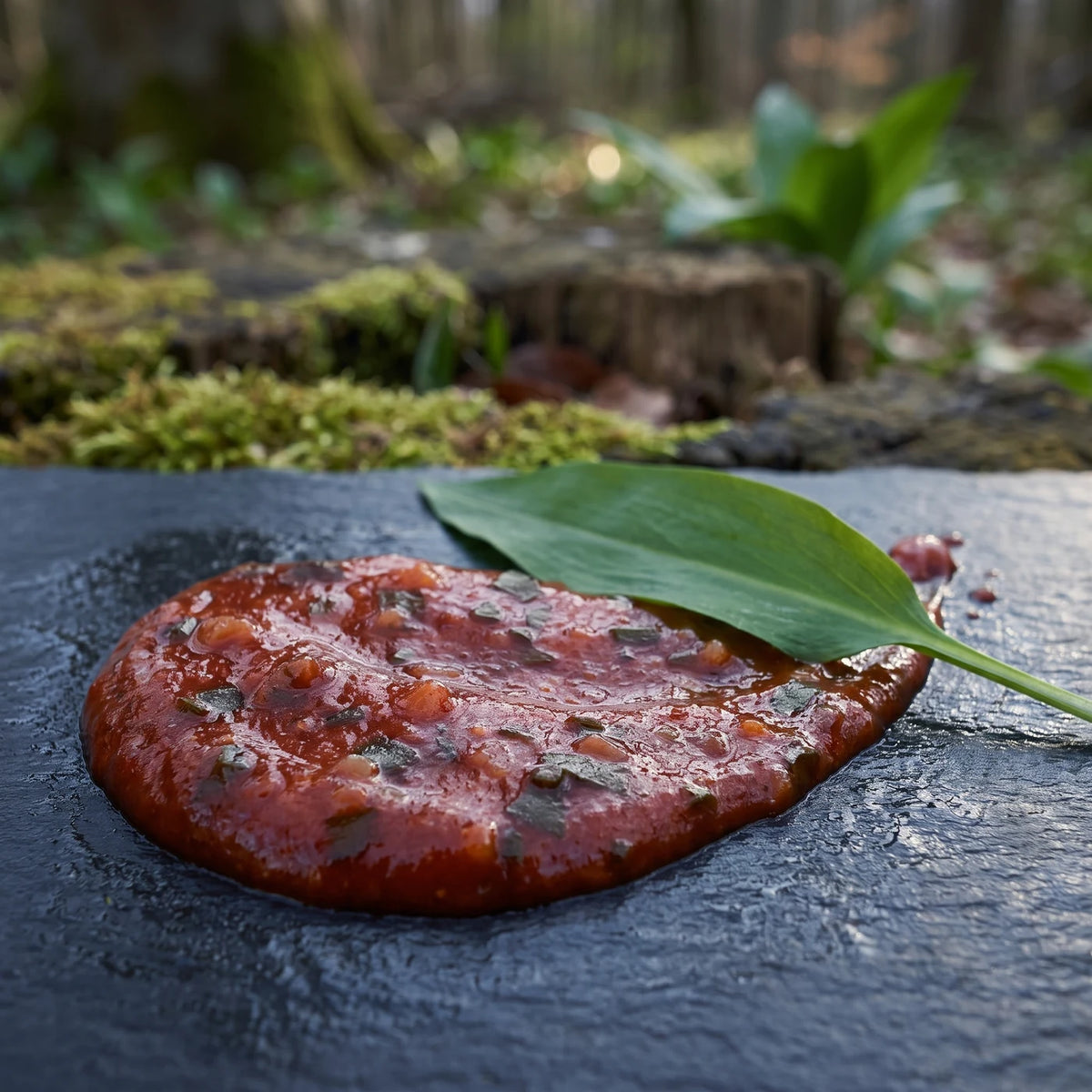 Ein Klecks Bärlauch-Ketchup mit grünen Flecken auf Schiefer, darauf ein Bärlauchblatt