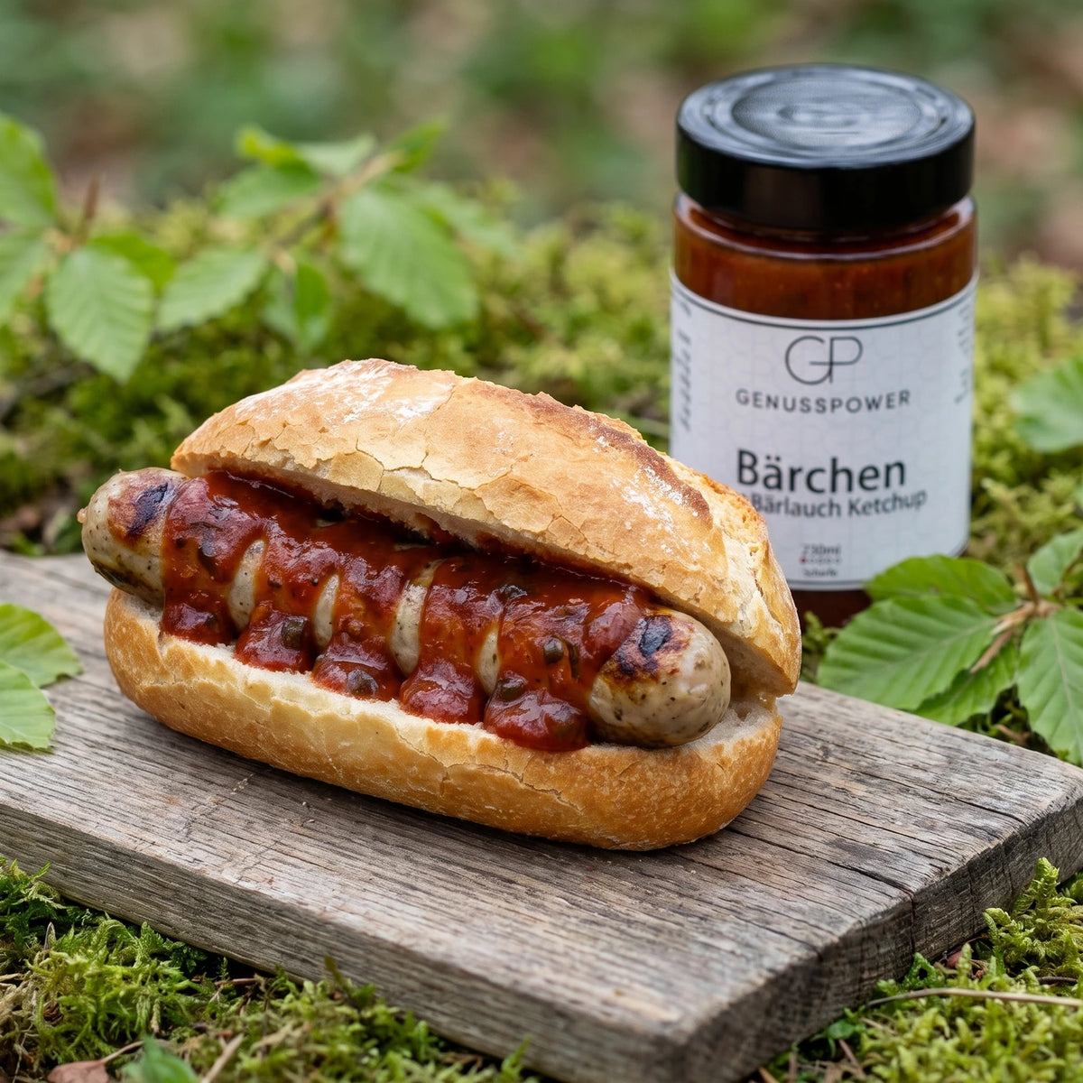 Bratwurst im Brötchen mit Bärchen auf einem Holzbrett im Moos, dahinter unscharf das Glas