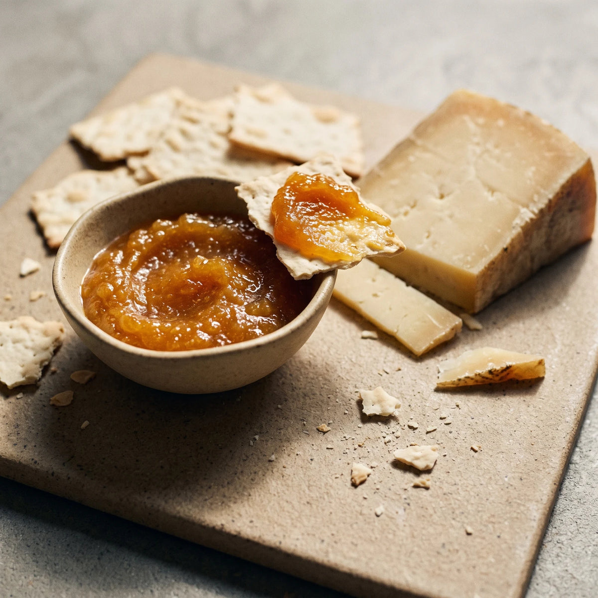 Schale mit Chili-Mango-Aufstrich auf einer Steinplatte, daneben gereifter Hartkäse und dünne Cracker