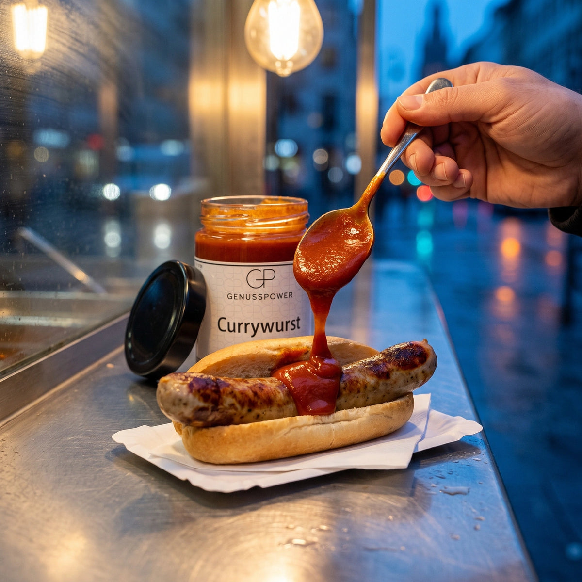 Ein Löffel gibt die samtige Sauce über eine Bratwurst im Brötchen, dahinter das Glas Currywurst
