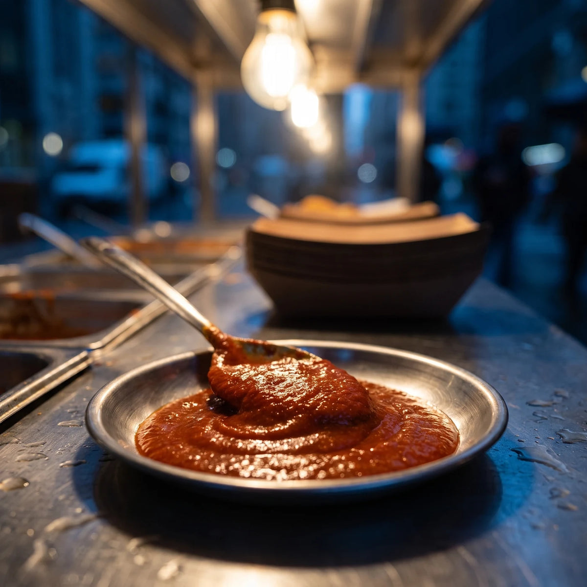 Samtige ziegelrote Sauce in einer kleinen Stahlschale
