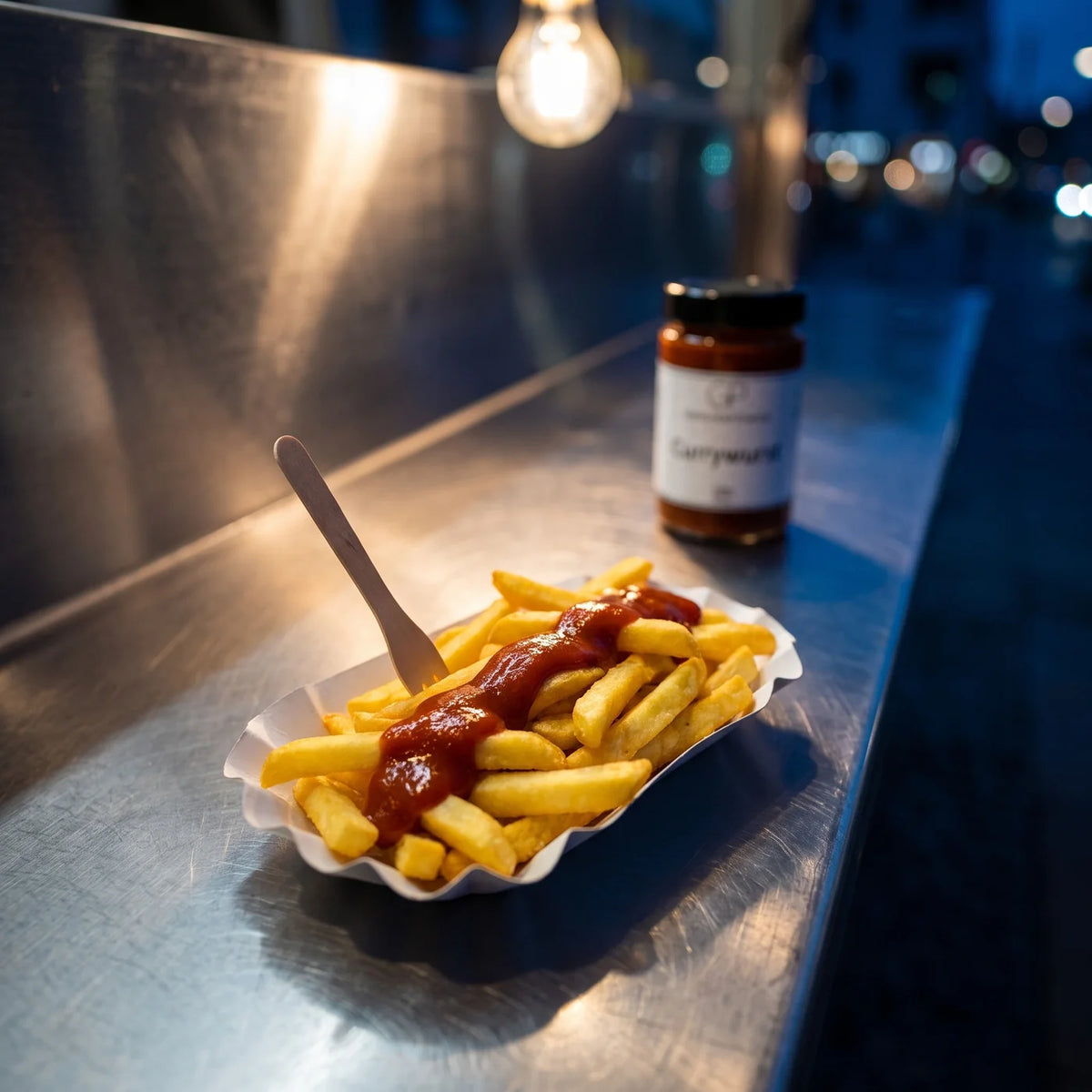 Pommes mit der Sauce in einer Papierschale, dahinter unscharf das Glas Currywurst