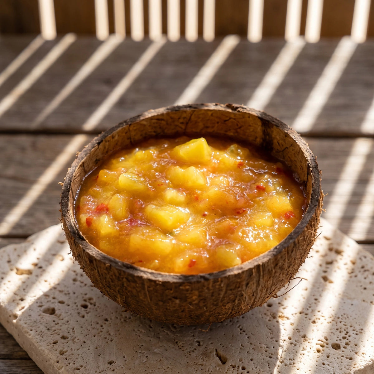 Goldgelbe Sauce mit Ananas- und Mangostücken in einer halben Kokosnussschale