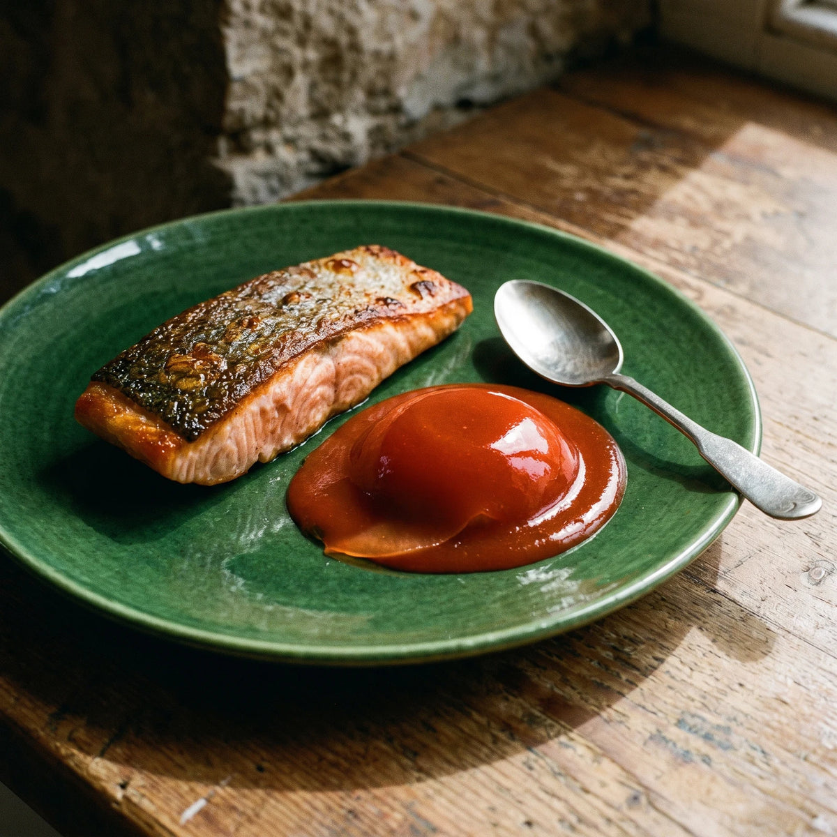 Gebratenes Lachsfilet auf grünem Teller mit einem Löffel Feurige-Mango-Dip