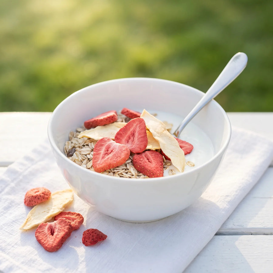 Eine weiße Schale mit Joghurt und Haferflocken, darauf gefriergetrocknete Erdbeerscheiben und Mangostücke, auf einem weißen Gartentisch im Morgenlicht