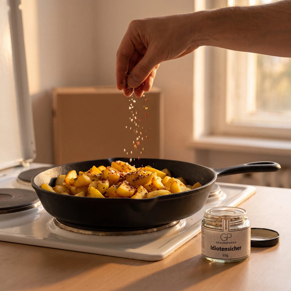 Eine Hand würzt Bratkartoffeln in der Pfanne am Herd mit Idiotensicher von Genusspower