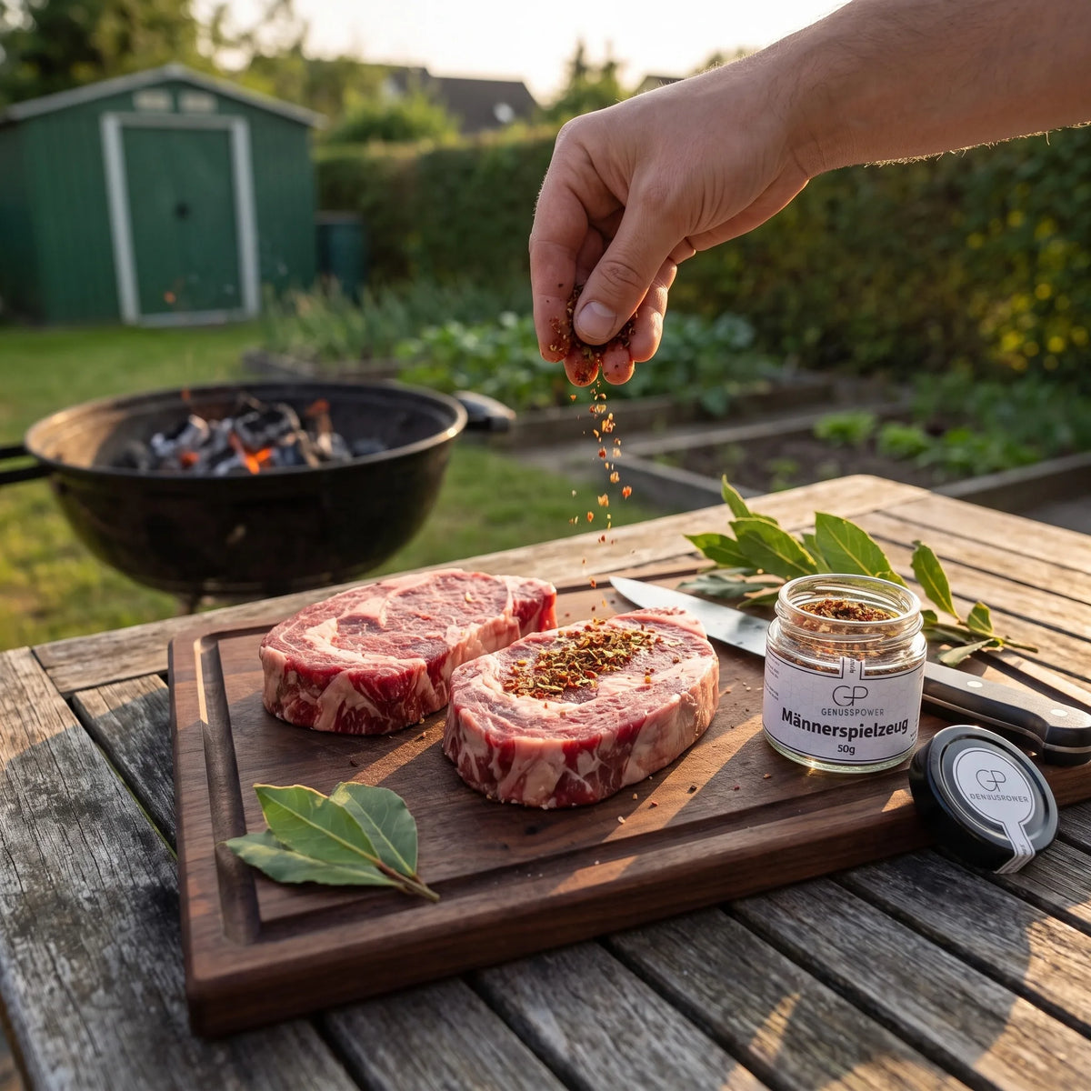 Eine Hand würzt rohe Rib Eye Steaks neben dem Holzkohlegrill mit Männerspielzeug von Genusspower